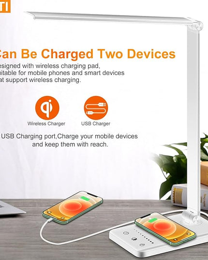 LED Desk Lamp with Wireless charging，Dimmable Desk Light, 5 Light Colors, 6 Brightness Levels, Touch Control Table Lamp with USB Rechargeable,Auto Timer, for College Dorm, Home, Office - LeafyLoom