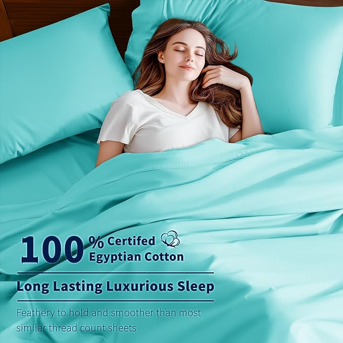 Shilucheng 100% Cotton King Size Sheets Set - 600 Thread Count，Luxury Egyptian Cotton Bed Sheets，5-Star Hotel Quality Sheets, Breathable & Cooling, 16 Inch Deep Pocket - 4 Piece (Seafoam, King) - LeafyLoom