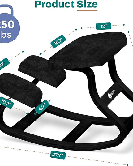 Ergonomic Kneeling Chair - A Rocking Knee Chair and Wooden Desk Chair designed for Home Office comfort and Posture support, Offering Back Pain Relief - Total Black Velvet - LeafyLoom
