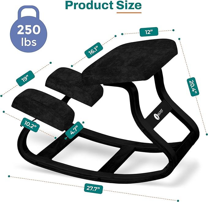 Ergonomic Kneeling Chair - A Rocking Knee Chair and Wooden Desk Chair designed for Home Office comfort and Posture support, Offering Back Pain Relief - Total Black Velvet - LeafyLoom