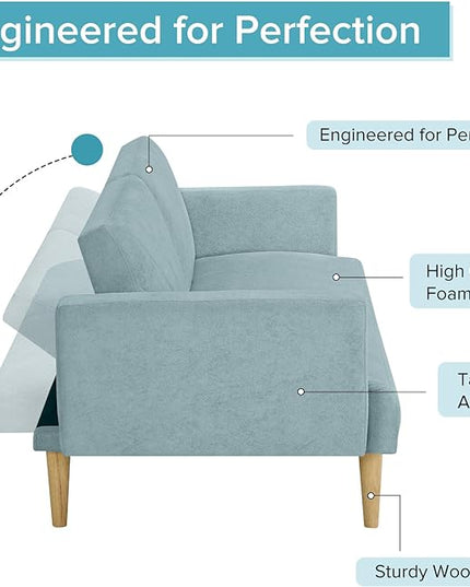 Folding Futon Sofa Tapered Wood Legs,Modern Space Saving Couch,Easily Converts to Single Bed,Easy Assembly,Multi-Functional Loveseat Ideal for Small Home Living Room,Blue, 76" - LeafyLoom