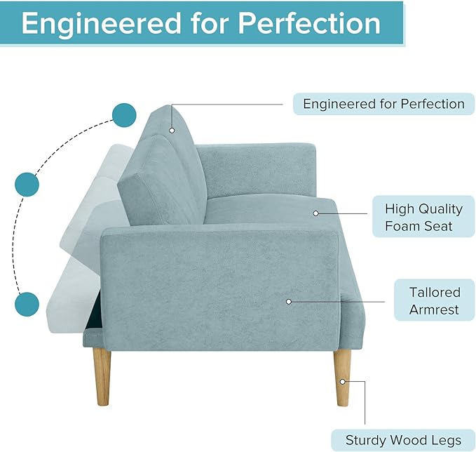 Folding Futon Sofa Tapered Wood Legs,Modern Space Saving Couch,Easily Converts to Single Bed,Easy Assembly,Multi-Functional Loveseat Ideal for Small Home Living Room,Blue, 76" - LeafyLoom