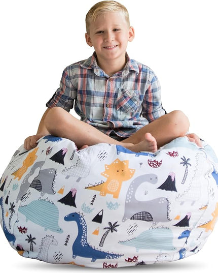 Creative QT Stuff ’n Sit Large 33’’ Bean Bag Storage Cover for Stuffed Animals & Toys – Multicolor Dinosaur Print – Toddler & Kids’ Rooms Organizer – Beanbag Makes Great Plush Toy Hammock Alternative - LeafyLoom
