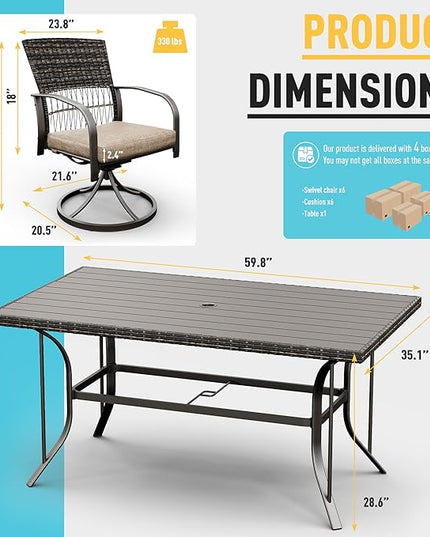 Pamapic 7 Piece Patio Dining Set for 6,Wicker Outdoor Furniture Set for Backyard Garden Deck Poolside with Iron Slats Table Top,6 Cushions Swivel Rocker Chairs,Removable Cushions(Beige) - LeafyLoom