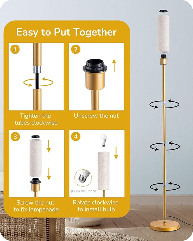 EDISHINE LED Corner Floor Lamp for Living Room, 65" Tall Standing Reading Lamp with Remote, Minimalist Dimmable Pole Lighting for Bedroom, Office, Kids Room, 9W Bulb Included, 2700K-6000K (Gold) - LeafyLoom
