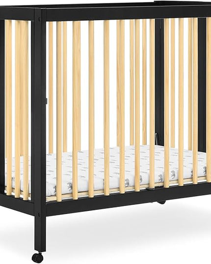 Delta Children Mia Portable Folding Mini Crib with 1.5-Inch Mattress - Greenguard Gold Certified, Ebony Black/Natural - LeafyLoom