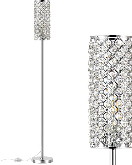 Crystal Floor Lamp with Bulb for Girls Bedroom Silver, Living Room, Modern Tall Glam Minimalism Pole Corner Standing Light for office, Dorm Hotel - LeafyLoom