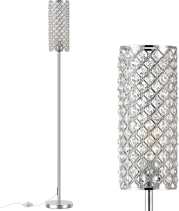 Crystal Floor Lamp with Bulb for Girls Bedroom Silver, Living Room, Modern Tall Glam Minimalism Pole Corner Standing Light for office, Dorm Hotel - LeafyLoom