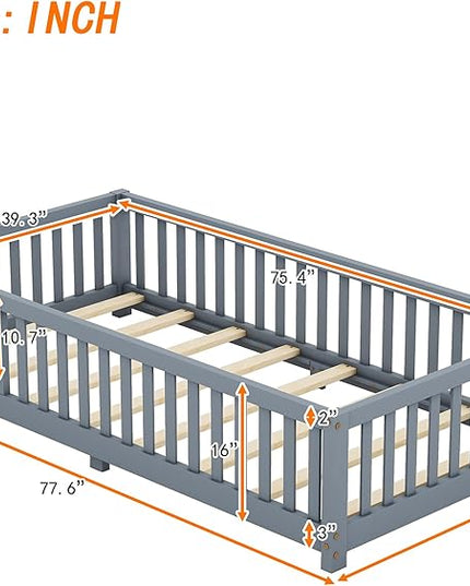 Multifunctional Twin Size Floor Bed with Safety Guardrails and Door, Removable Wood Slats, Montessori Beds Frame for Toddlers, Easy Assembly, for Boys and Girls Room, Gray - LeafyLoom