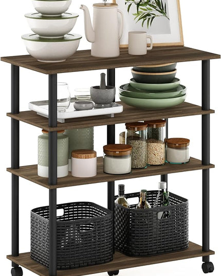 Furinno Helena 4-Tier Multifunction Rolling Kitchen Island Dining Cart on Wheels, Columbia Walnut/Black - LeafyLoom