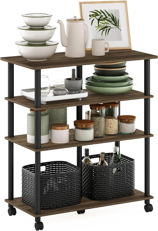 Furinno Helena 4-Tier Multifunction Rolling Kitchen Island Dining Cart on Wheels, Columbia Walnut/Black - LeafyLoom