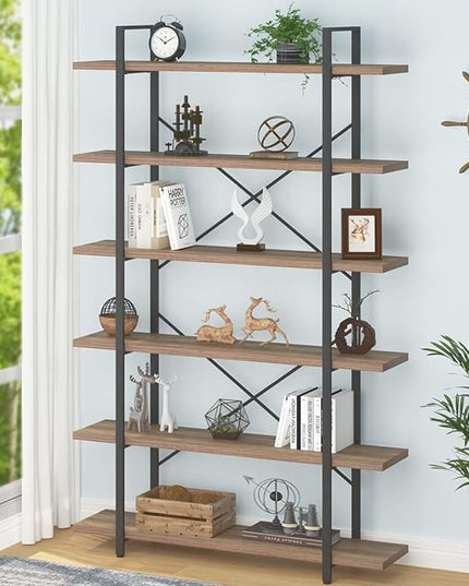 HSH Tall Bookcases and Book Shelves 6 Shelf, Metal Wooden Book Shelf and Storage Rack, Modern Etagere 6 Tier Bookshelf, Farmhouse Large Display Bookshelves for Bedroom Living Room Office, Rustic Oak - LeafyLoom