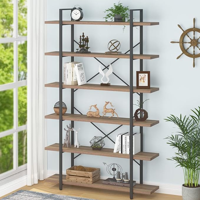 HSH Tall Bookcases and Book Shelves 6 Shelf, Metal Wooden Book Shelf and Storage Rack, Modern Etagere 6 Tier Bookshelf, Farmhouse Large Display Bookshelves for Bedroom Living Room Office, Rustic Oak - LeafyLoom