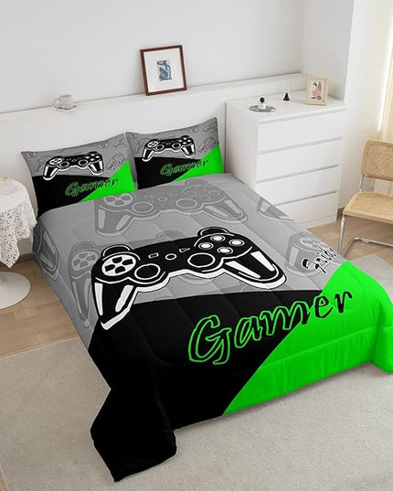 Feelyou Gamer Comforter Set Gaming Bedding Set for Teens Boys Video Game Decor Comforter Game Controller Quilted Duvet Set 1 Comforter with 1 Pillowcase Twin Green - LeafyLoom