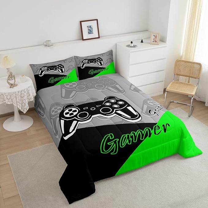 Feelyou Gamer Comforter Set Gaming Bedding Set for Teens Boys Video Game Decor Comforter Game Controller Quilted Duvet Set 1 Comforter with 1 Pillowcase Twin Green - LeafyLoom