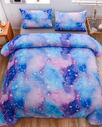 Holawakaka Tie Dye Constellation Print Ombre Comforter Set Queen Size Boys Girls Gradient Galaxy Bedding Set (Blue Purple, Queen) - LeafyLoom