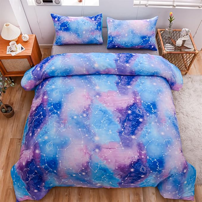 Holawakaka Tie Dye Constellation Print Ombre Comforter Set Queen Size Boys Girls Gradient Galaxy Bedding Set (Blue Purple, Queen) - LeafyLoom