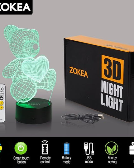 Night Light 3D lamp 7 Colors Changing Nightlight with Smart Touch & Remote Control 3D Night Light for Kids or as Gifts for Women Kids Girls Boys (Teddy Bear) - LeafyLoom