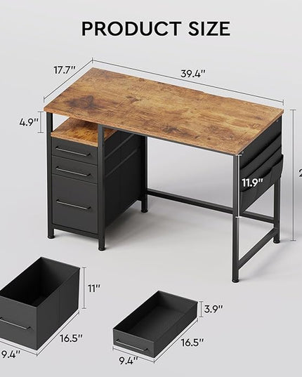 Ｍａｉｈａｉｌ Maihail Small Desk with Drawers, 40 inch Computer Desk with Shelves, Writing Desk with Storage, Small Office Desk with Metal Frame, Rustic Brown - LeafyLoom