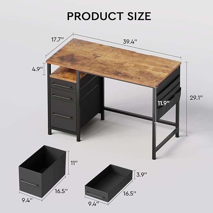 Ｍａｉｈａｉｌ Maihail Small Desk with Drawers, 40 inch Computer Desk with Shelves, Writing Desk with Storage, Small Office Desk with Metal Frame, Rustic Brown - LeafyLoom