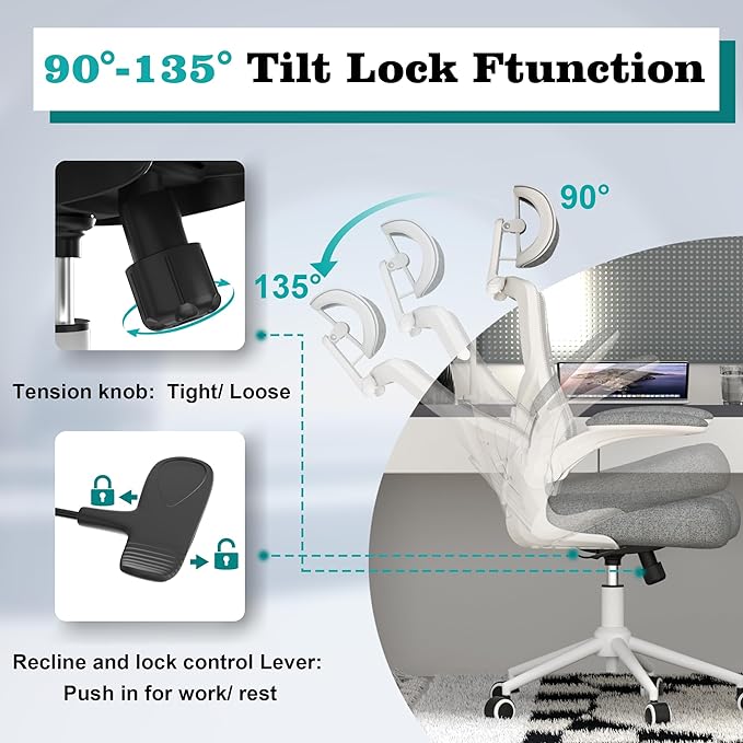 Ergonomic Office Chair, High Back Mesh Desk Chair with Thick Molded Foam Cushion, Coat Hanger, Adjustable Headrest, Lumbar Support, Tilt & Lock Function - Computer Chair (Light Grey) - LeafyLoom