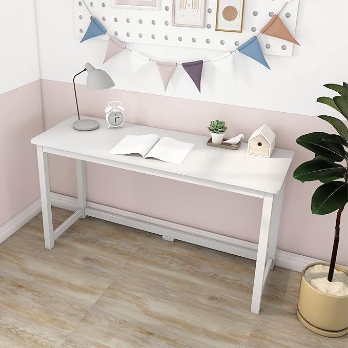 Max & Lily Solid Wood Desk, 55 Inches, White - LeafyLoom