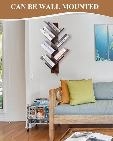 Tree Bookshelf 6 layers with drawers Retro Book Holder Rustic Brown Wooden Floor Standing Bookshelf for Living Room,Bedroom,Home Office Modern Bookcase - LeafyLoom