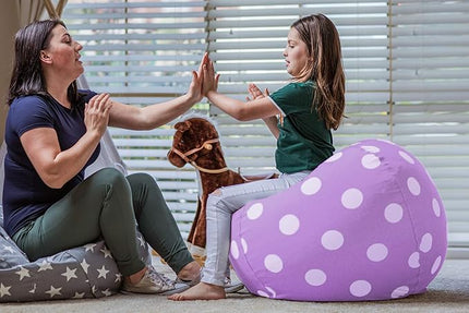 Wekapo Stuffed Animal Storage Bean Bag Chair Cover for Kids | Stuffable Zipper Beanbag for Organizing Children Plush Toys Large Premium Cotton Canvas (Purple Dot, X-Large) - LeafyLoom