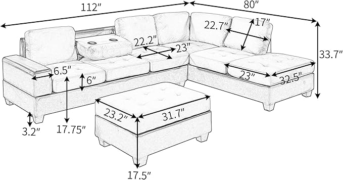 112" Modern L-Shape Sectional Sofa with Reversible Chaise &Storage Ottoman, Velvet Upholstered Couch w/Cup Holder, for Living Room, Apartment, 112 Inch, Dark Gray - LeafyLoom