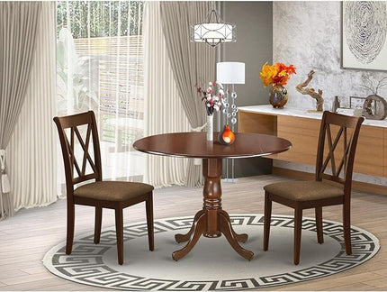 East West Furniture DLCL3-MAH-C Dublin 3 Piece Set for Small Spaces Contains a Round Dining Room Table with Dropleaf and 2 Linen Fabric Upholstered Chairs, 42x42 Inch, Mahogany - LeafyLoom