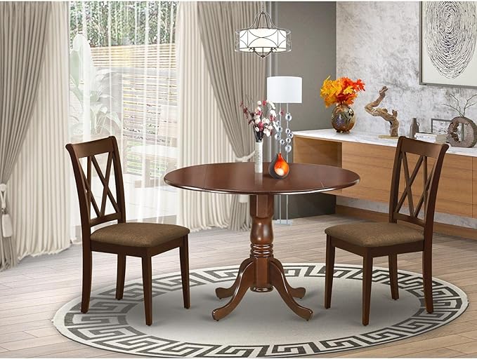 East West Furniture DLCL3-MAH-C Dublin 3 Piece Set for Small Spaces Contains a Round Dining Room Table with Dropleaf and 2 Linen Fabric Upholstered Chairs, 42x42 Inch, Mahogany - LeafyLoom