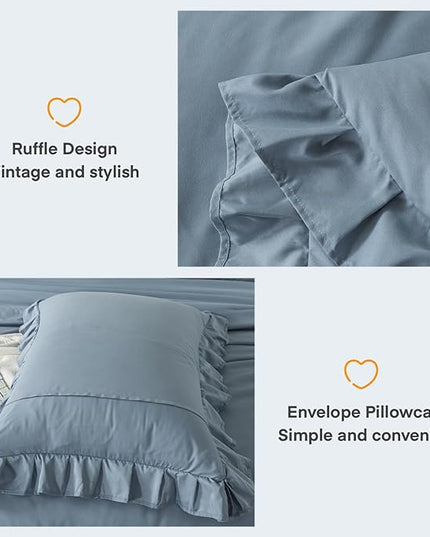 Andency Grayish Blue Queen Comforter Set(90x90Inch), 3 Pcs(1 Ruffle Comforter and 2 Pillowcases) Solid Bedding Comforter Sets for Queen Bed, Lightweight and Fluffy Soft Microfiber Bedding Set - LeafyLoom