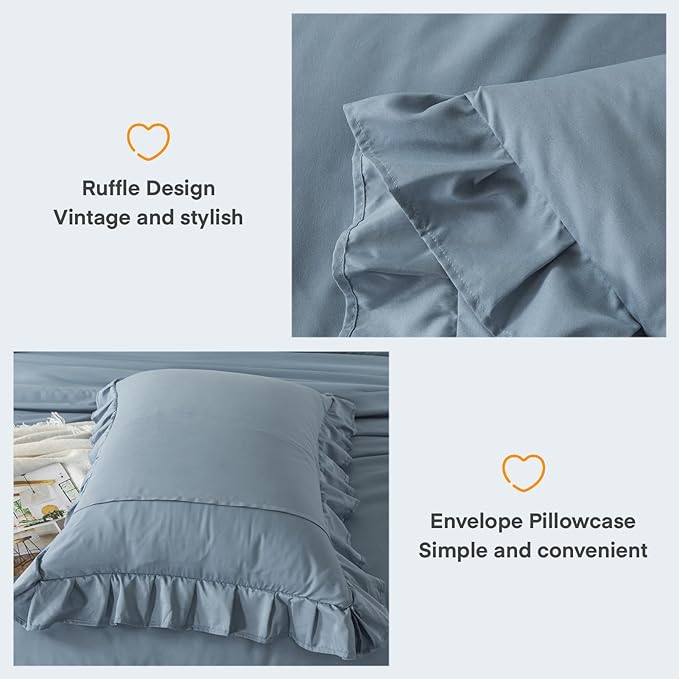 Andency Grayish Blue King Comforter Set(104x90Inch), 3 Pieces Lightweight Winter Summer Warm Fluffy Bedding Comforter Set, All Season Microfiber Shabby Chic(1 Ruffle Comforter and 2 Pillowcases) - LeafyLoom