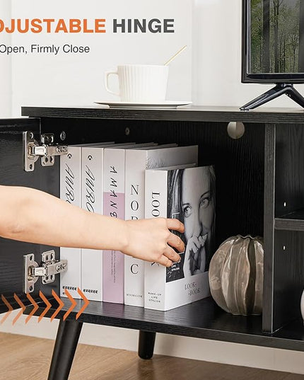 Sweetcrispy TV Stand for 55 60 inch Television, Entertainment Center with Storage, 2 Cabinet Media Console Table, Soft Hinge Door with Handle, Wood Feet, Living Room, Bedroom Furniture, Black - LeafyLoom