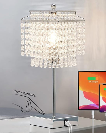 Luvkczc Crystal Table Lamp with Touch Control, USB Bedside Crystal Table Lamp, 3-Way Dimmable Lamp with Crystal Shade for Girls Bedroom, Living Room, 6W LED Bulb Included - LeafyLoom