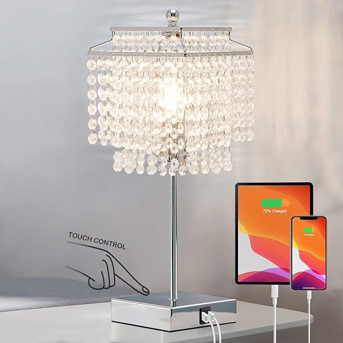 Luvkczc Crystal Table Lamp with Touch Control, USB Bedside Crystal Table Lamp, 3-Way Dimmable Lamp with Crystal Shade for Girls Bedroom, Living Room, 6W LED Bulb Included - LeafyLoom