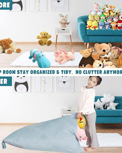Stuffed Animal Storage Bean Bag Chair Cover, Velvet Grey Plush Toy Storage Stuff and Sit Seat for Kids/Teens/Adults, 52" x 31" Extra Large Triangle Floor Sofa, 200L/52Gal, Cover Only - LeafyLoom