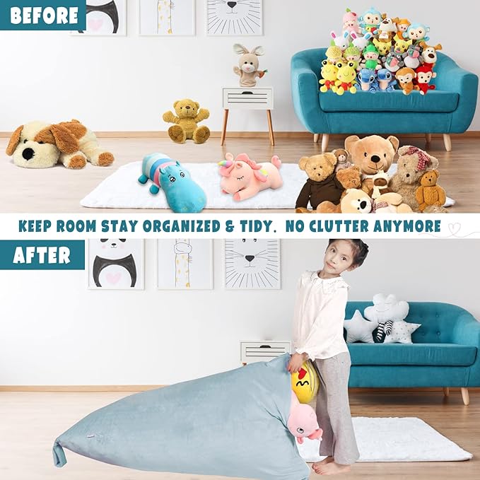 Stuffed Animal Storage Bean Bag Chair Cover, Velvet Grey Plush Toy Storage Stuff and Sit Seat for Kids/Teens/Adults, 52" x 31" Extra Large Triangle Floor Sofa, 200L/52Gal, Cover Only - LeafyLoom