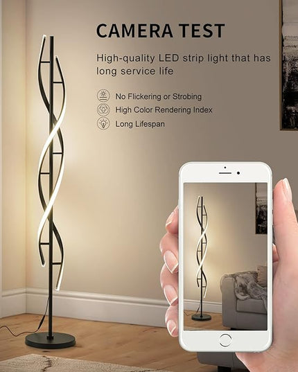 Spiral LED Floor Lamp for Bedroom,Modern Floor Lamp with Remote Control 60 Inch Dimmable Black Floor Lamp 48W Standing Lamp Timing 3 Color Temperature Corner Floor Lamps for Living Room - LeafyLoom