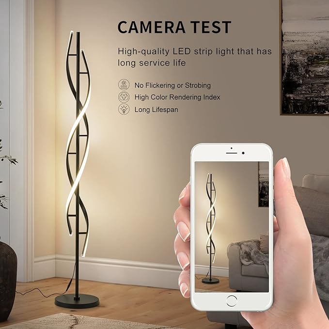 Spiral LED Floor Lamp for Bedroom,Modern Floor Lamp with Remote Control 60 Inch Dimmable Black Floor Lamp 48W Standing Lamp Timing 3 Color Temperature Corner Floor Lamps for Living Room - LeafyLoom