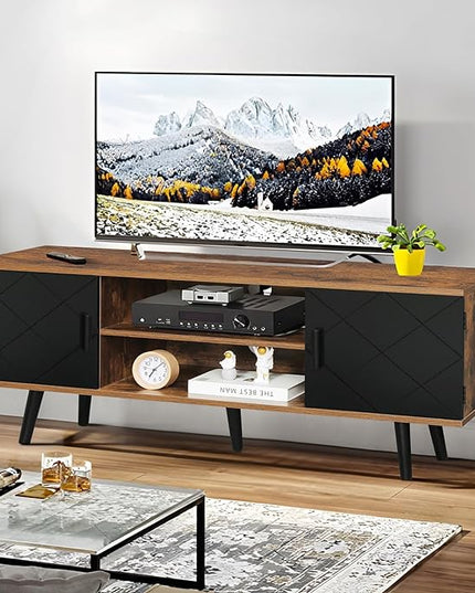 Iwell TV Stand for 55 inch TV, TV Console, Entertainment Center with 2 Cabinets & Open Shelf, Mid Century Modern TV Stand for Living Room/Bedroom, Black - LeafyLoom
