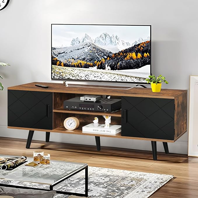 Iwell TV Stand for 55 inch TV, TV Console, Entertainment Center with 2 Cabinets & Open Shelf, Mid Century Modern TV Stand for Living Room/Bedroom, Black - LeafyLoom