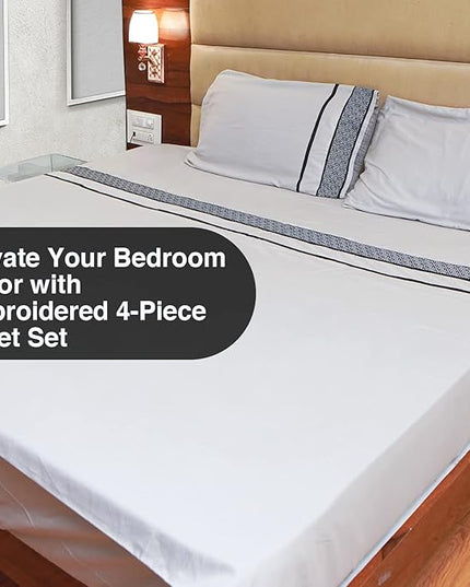 1000 TC King Size 4 Piece Sheet Set - 100% Egyptian Cotton Sheets - 1000 Thread Count - Breathable & Cooling Hotel Luxury Bedding - 18" Deep Pockets, King Sheets - Black Embroidered Light Grey Sheets - LeafyLoom