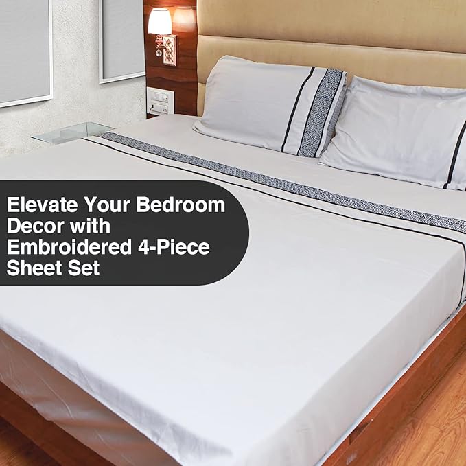 1000 TC King Size 4 Piece Sheet Set - 100% Egyptian Cotton Sheets - 1000 Thread Count - Breathable & Cooling Hotel Luxury Bedding - 18" Deep Pockets, King Sheets - Black Embroidered Light Grey Sheets - LeafyLoom