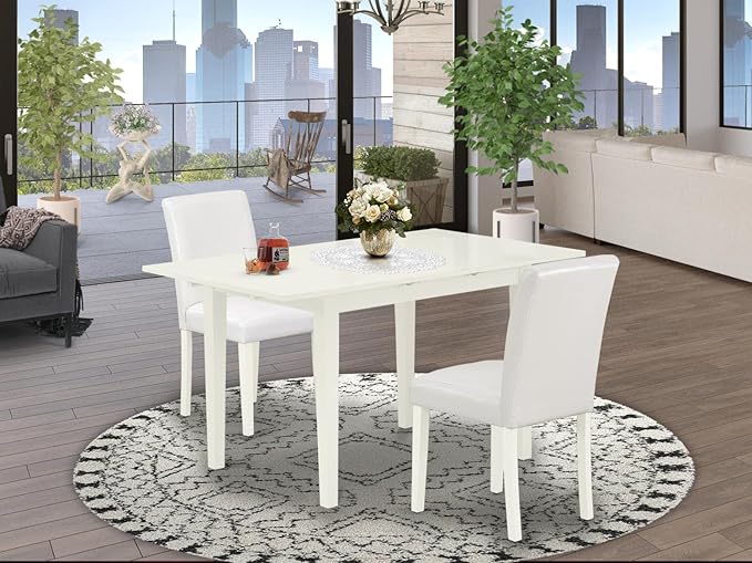 East West Furniture Norfolk 3 Piece Kitchen Set Contains a Rectangle Room Table with Butterfly Leaf and 2 Faux Leather Parson Dining Chairs, 32x54 Inch, Linen White - LeafyLoom