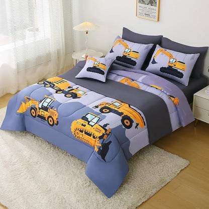 JQinHome Construction Full Bedding Sets for Boys Kids,8 Piece Bed in A Bag 3D Cartoon Car Excavator Tractor Comforter Set with Sheet Set,Trucks Cars - LeafyLoom