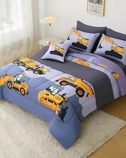 JQinHome Construction Twin Bedding Sets for Boys Kids,6 Piece Bed in A Bag 3D Cartoon Car Excavator Tractor Comforter Set with Sheet Set,Trucks Cars - LeafyLoom