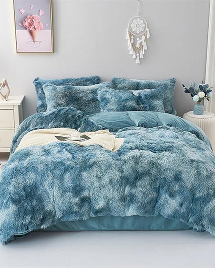 WINLIFE Shaggy Bedding Comforter Set Full Blue Faux Fur Flannel Furry Comforter Plush Comforter Sets Gradient Ombre Tie Dye Bedding for Teens Adults (3Pcs, Full, Smoke Blue) - LeafyLoom