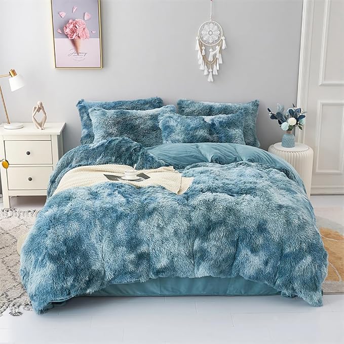 WINLIFE Shaggy Bedding Comforter Set Full Blue Faux Fur Flannel Furry Comforter Plush Comforter Sets Gradient Ombre Tie Dye Bedding for Teens Adults (3Pcs, Full, Smoke Blue) - LeafyLoom