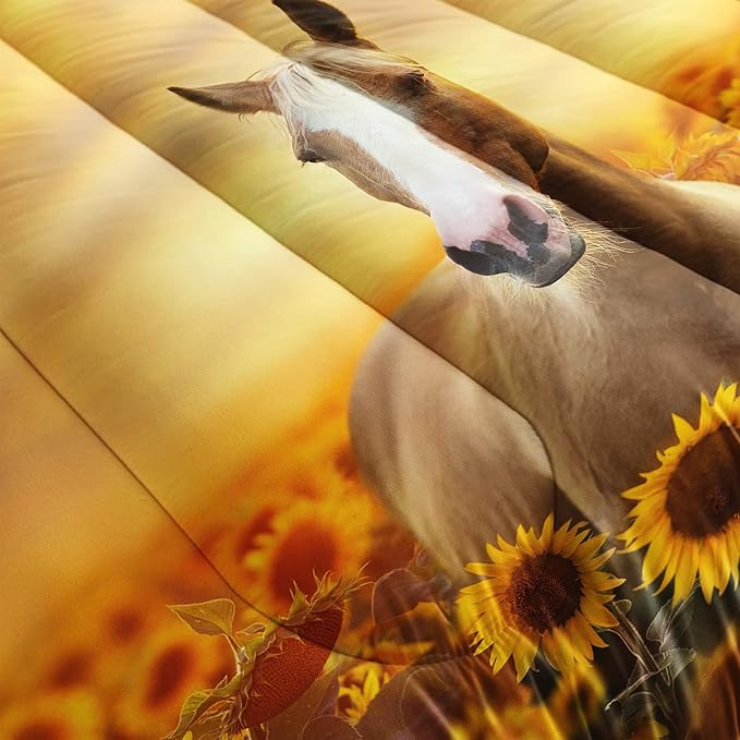 Horse Comforter Full Size,Sunflower Horse Comforter Set for Kids Teens Girls Boys,3Pcs Bedding Set Printed Comforter with 2 Pillowcases,Soft and Lightweight，Full Size - LeafyLoom